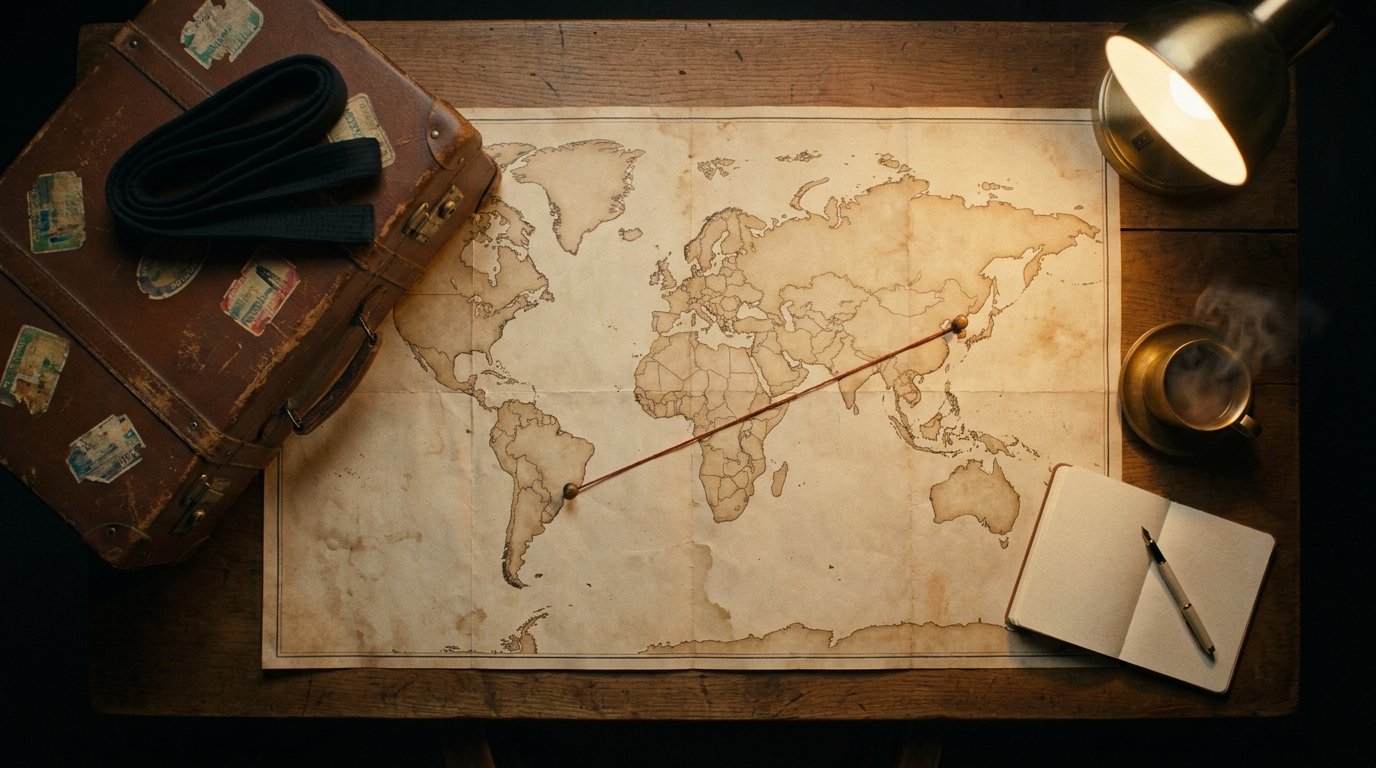Still life vintage anos 70: mapa mundi aberto sobre mesa de madeira com fio vermelho ligando a Coreia ao Brasil, mala de couro com faixa preta dobrada e l&acirc;mpada de mesa em luz &acirc;mbar