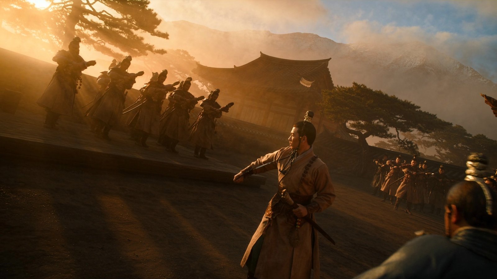Guerreiros Hwarang do reino Silla em treinamento no p&aacute;tio de um templo coreano antigo ao amanhecer