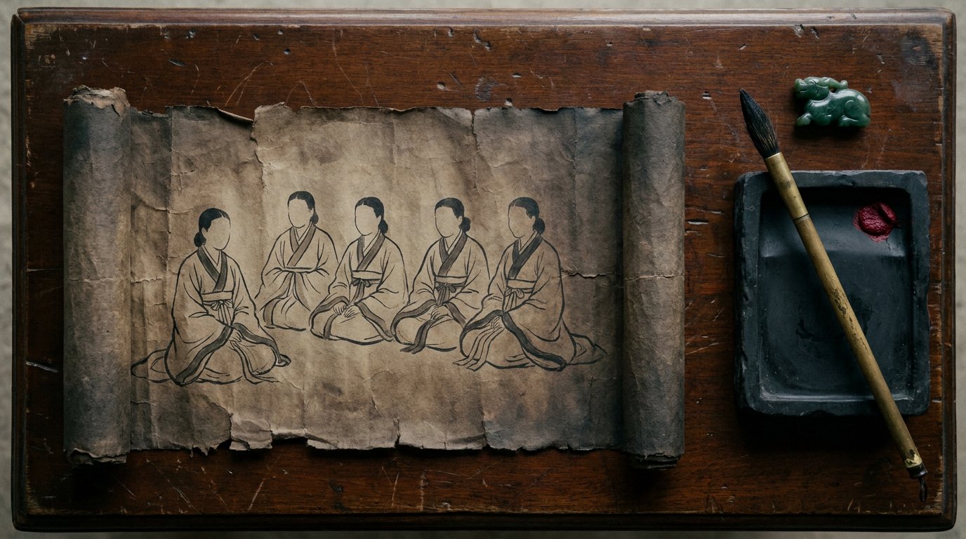 Pergaminho antigo coreano com ilustra&ccedil;&atilde;o &agrave; tinta de cinco jovens guerreiros Hwarang sentados em fileira cerimonial, estilo manuscrito do s&eacute;culo VII