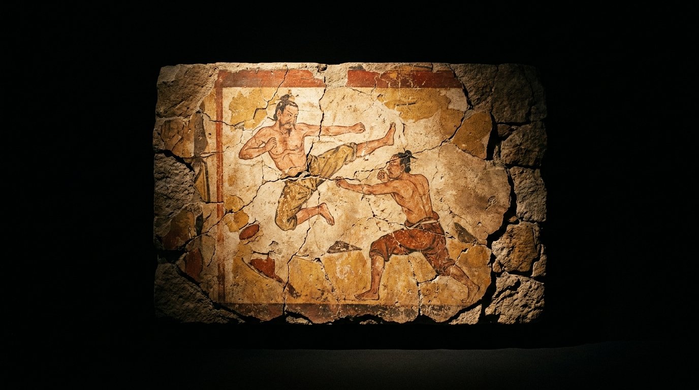 Fragmento de pintura mural de t&uacute;mulo Goguryeo mostrando dois guerreiros em combate desarmado
