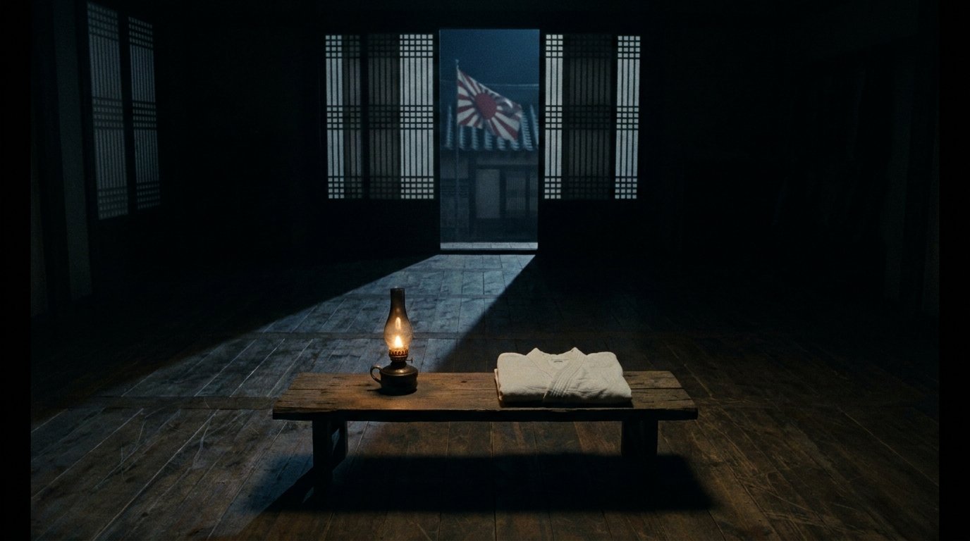 Dojang coreano vazio durante a ocupa&ccedil;&atilde;o japonesa: lampi&atilde;o sobre bancada, dobok dobrado, silhueta da bandeira imperial japonesa ao fundo