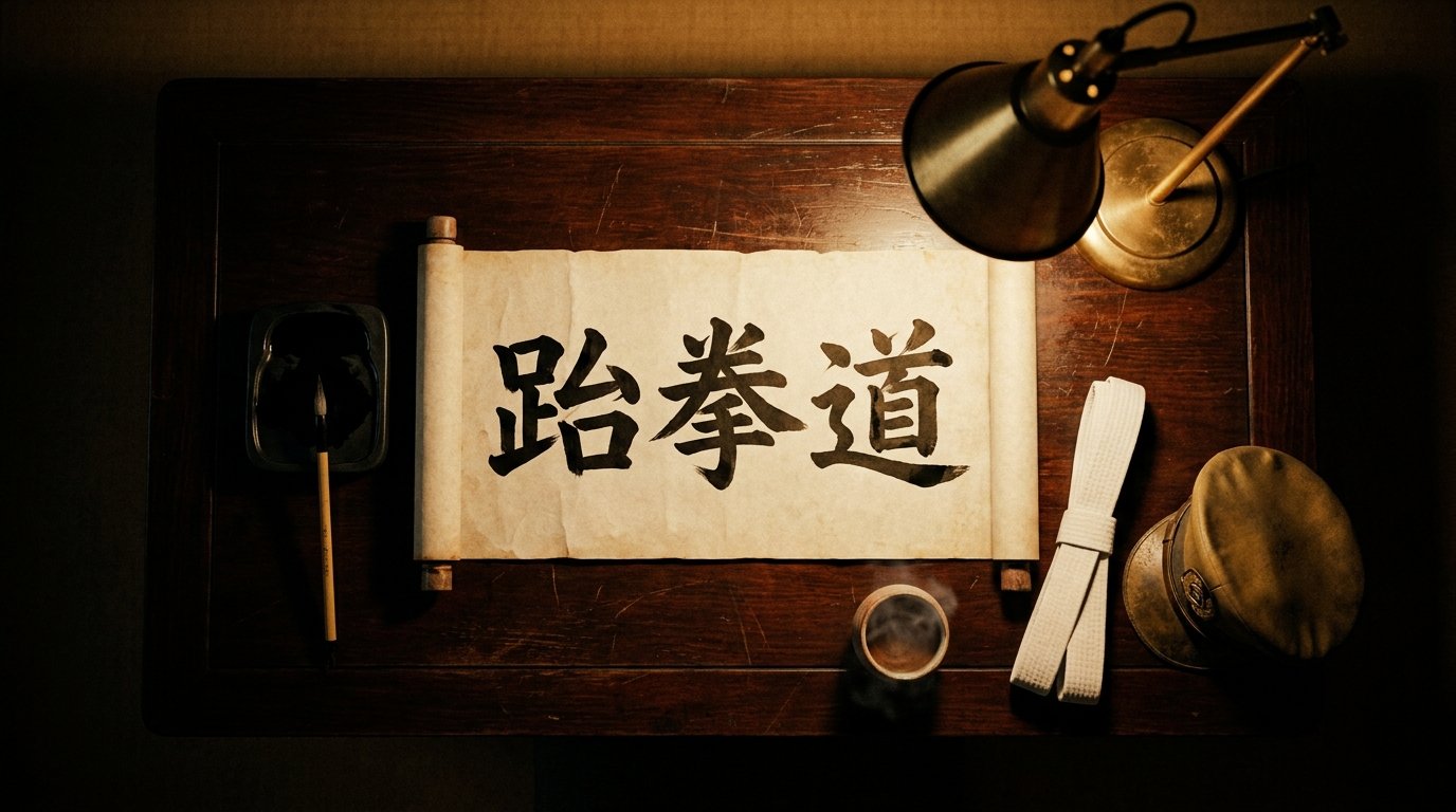 Pergaminho com os tr&ecirc;s caracteres Hanja 跆拳道 (Tae-Kwon-Do) escritos em pincelada preta, ao lado de tinteiro e l&acirc;mpada &mdash; evoca a ata de 1955 que oficializou o nome