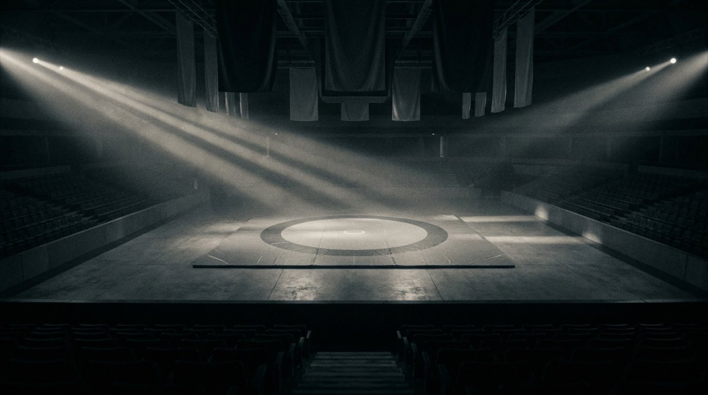 Arena ol&iacute;mpica vazia com tatame circular central e holofotes laterais cortando a escurid&atilde;o, sugerindo a antessala da estreia ol&iacute;mpica