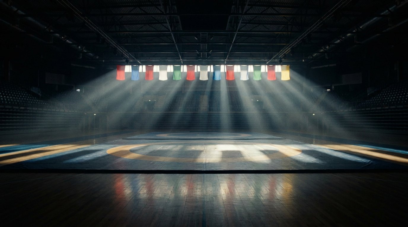 Arena esportiva internacional vazia ao crep&uacute;sculo com bandeiras coloridas de v&aacute;rias na&ccedil;&otilde;es hasteadas ao fundo e holofotes laterais cortando a escurid&atilde;o